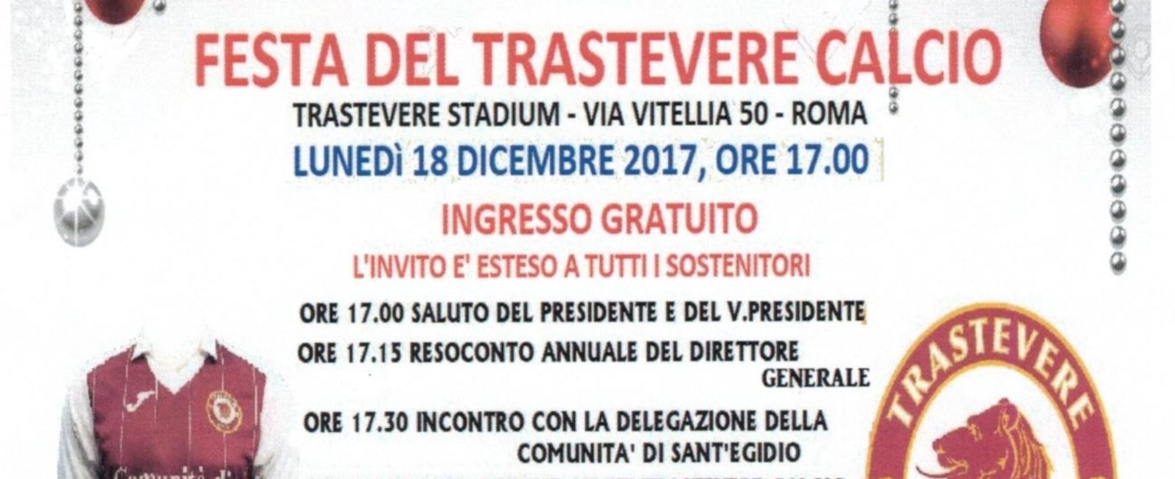 FESTA DI NATALE DEL TRASTEVERE CALCIO: OGGI ALLE 17.00 AL TRASTEVERE STADIUM