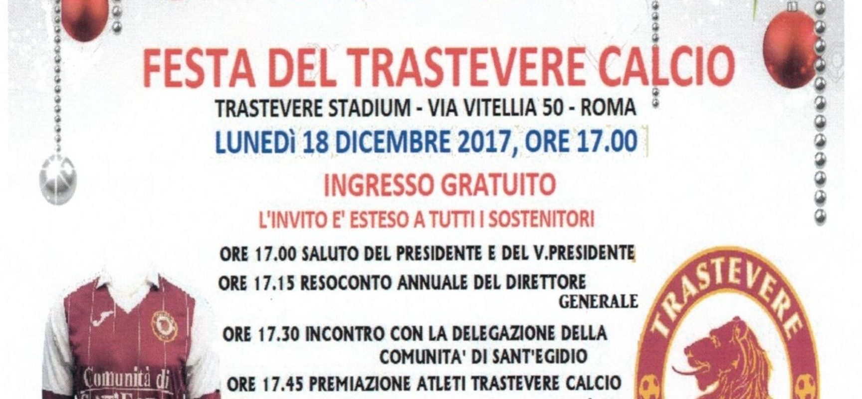 FESTA DI NATALE DEL TRASTEVERE CALCIO: OGGI ALLE 17.00 AL TRASTEVERE STADIUM